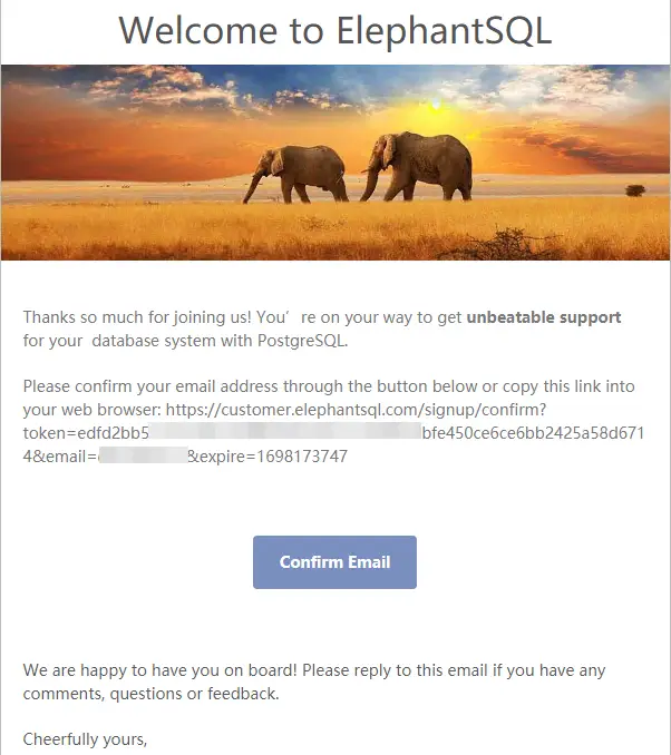 elephantsql.com welcome email