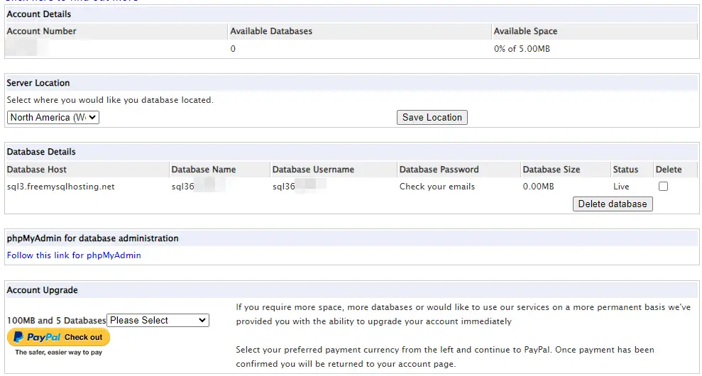 freemysqlhosting Account Details