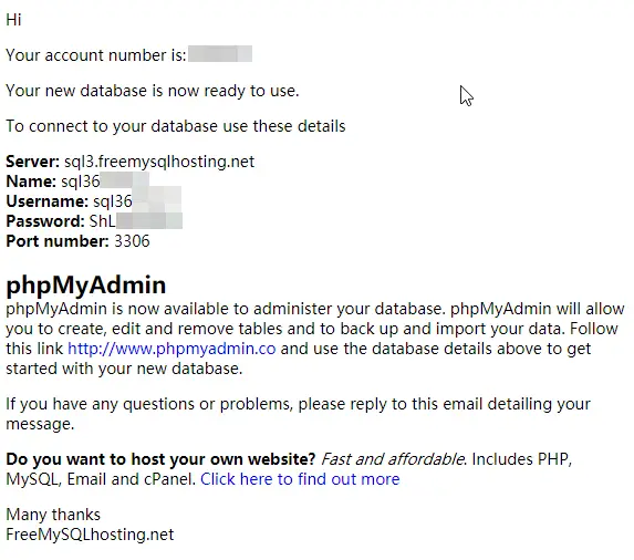 freemysqlhosting.net database setup notice email