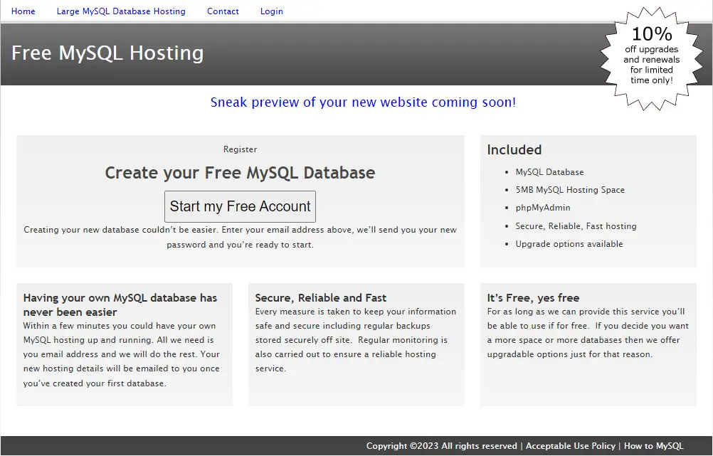 freemysqlhosting.net screenshot