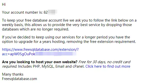 freesqldatabase.com Account Extension email