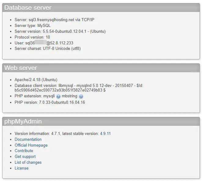 phpmyadmin.co database server version